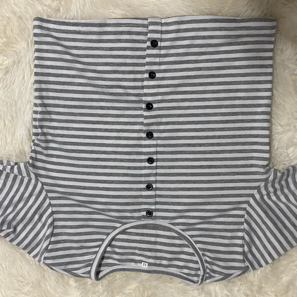 Grey and white striped cropped top with black buttons